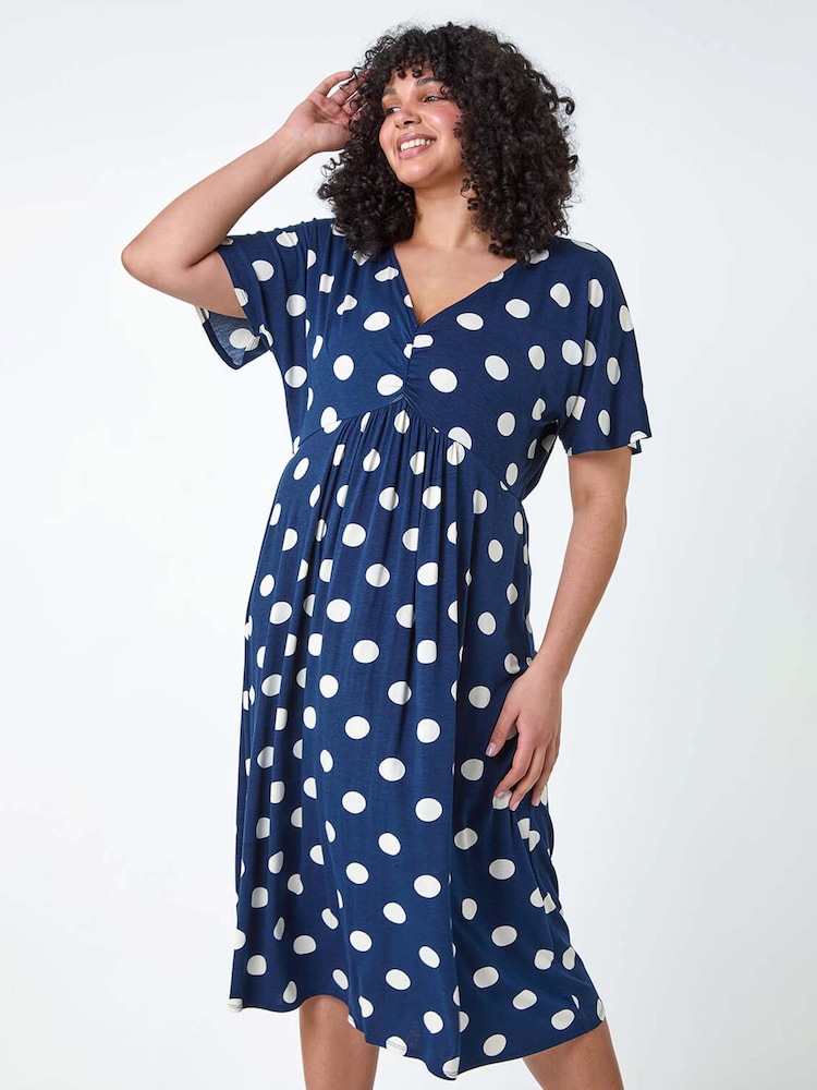 Roman Blue Ruched Front Polka Dot Dress - Image 1 of 5