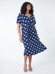 Roman Blue Ruched Front Polka Dot Dress - Image 2 of 5