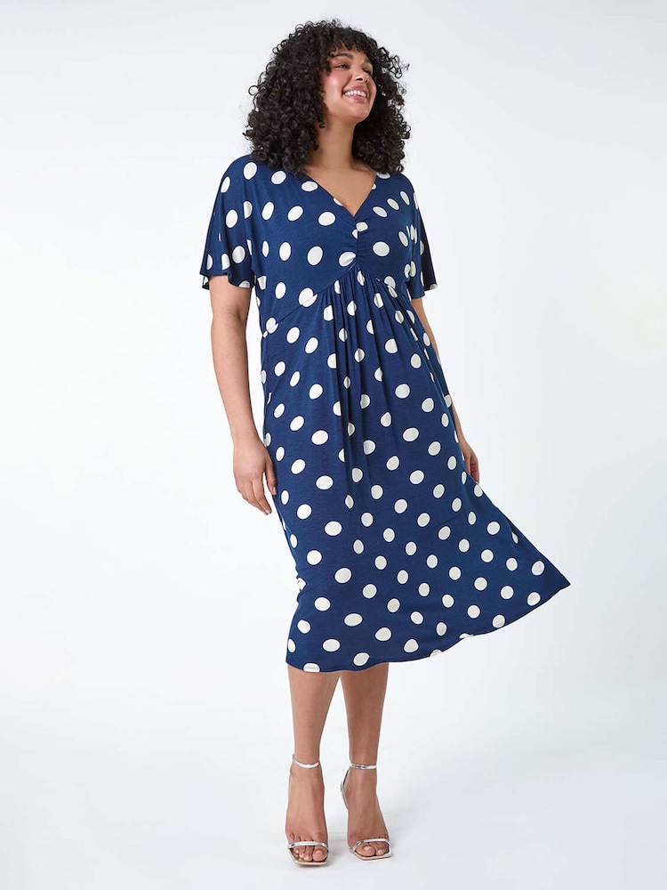 Roman Blue Ruched Front Polka Dot Dress - Image 2 of 5