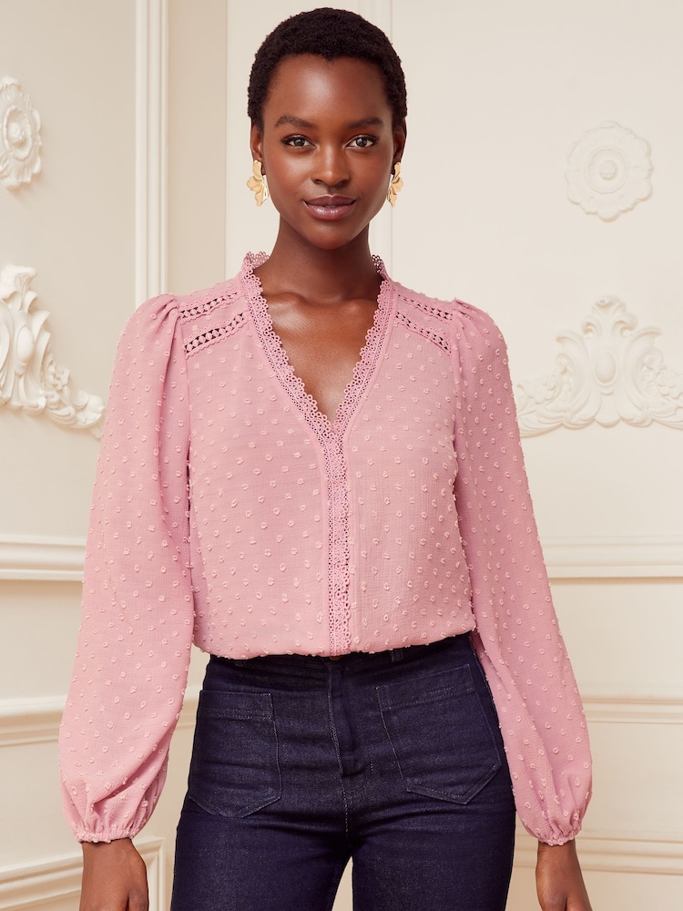Love & Roses Pink V Neck Lace Trim Dobby Blouse - Image 1 of 4 Love & Roses Pink V Neck Lace Trim Dobby Blouse - Image 1 of 4