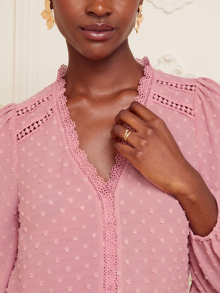Love & Roses Pink V Neck Lace Trim Dobby Blouse - Image 2 of 4 Love & Roses Pink V Neck Lace Trim Dobby Blouse - Image 2 of 4