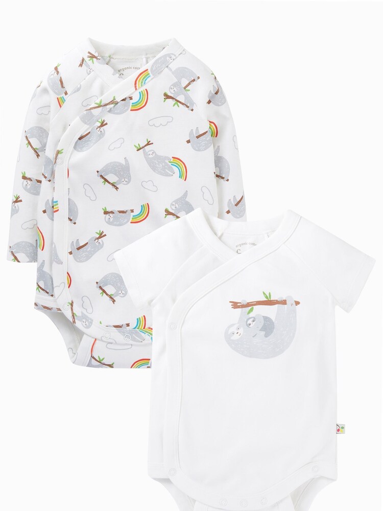 Frugi Sloth Print Wrap Around White Bodysuit 2 Pack - Image 1 of 6