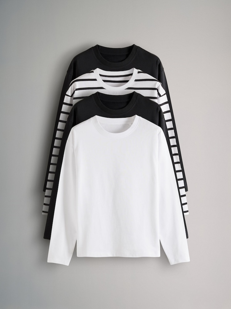 The Set Black/Black/White/Black & White Stripe 4 Pack Heavyweight Long Sleeve T-Shirts - Image 1 of 13