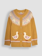 JoJo Maman Bébé Mustard Yellow Duck Knit Fairisle Pattern Cardigan - Image 1 of 3