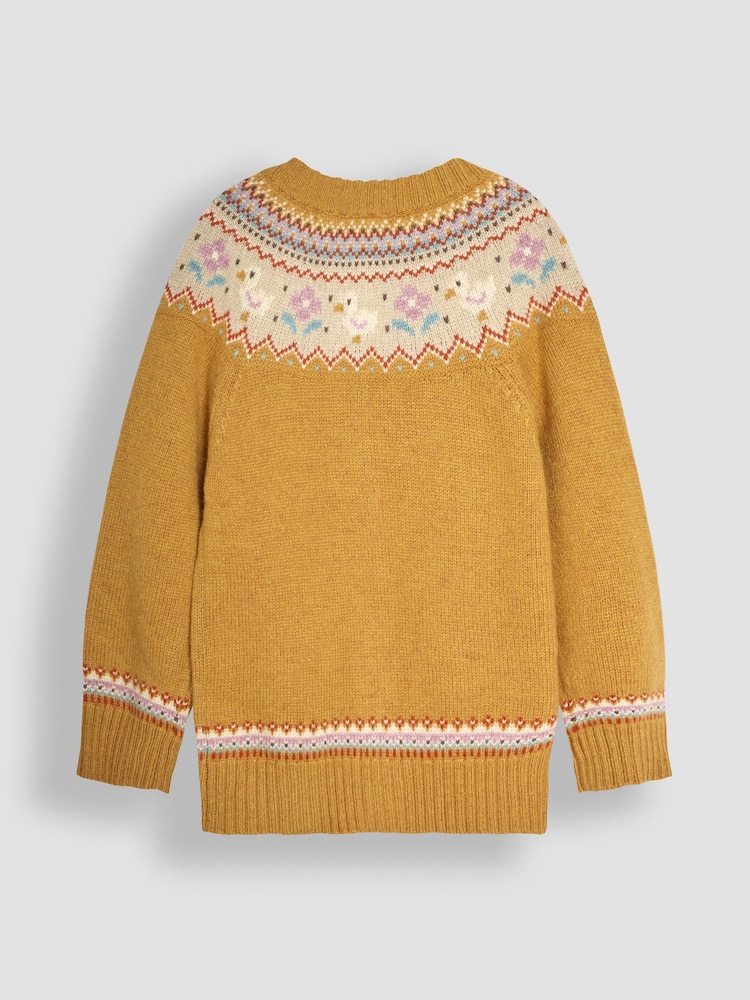 JoJo Maman Bébé Mustard Yellow Duck Knit Fairisle Pattern Cardigan - Image 2 of 3