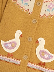 JoJo Maman Bébé Mustard Yellow Duck Knit Fairisle Pattern Cardigan - Image 3 of 3