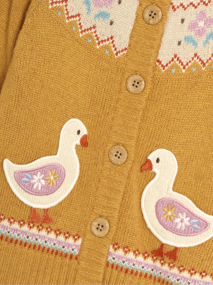 JoJo Maman Bébé Mustard Yellow Duck Knit Fairisle Pattern Cardigan - Image 3 of 3