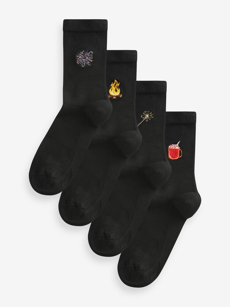 Bonfire Night Embroidered Motif Ankle Socks 4 Pack - Image 1 of 7