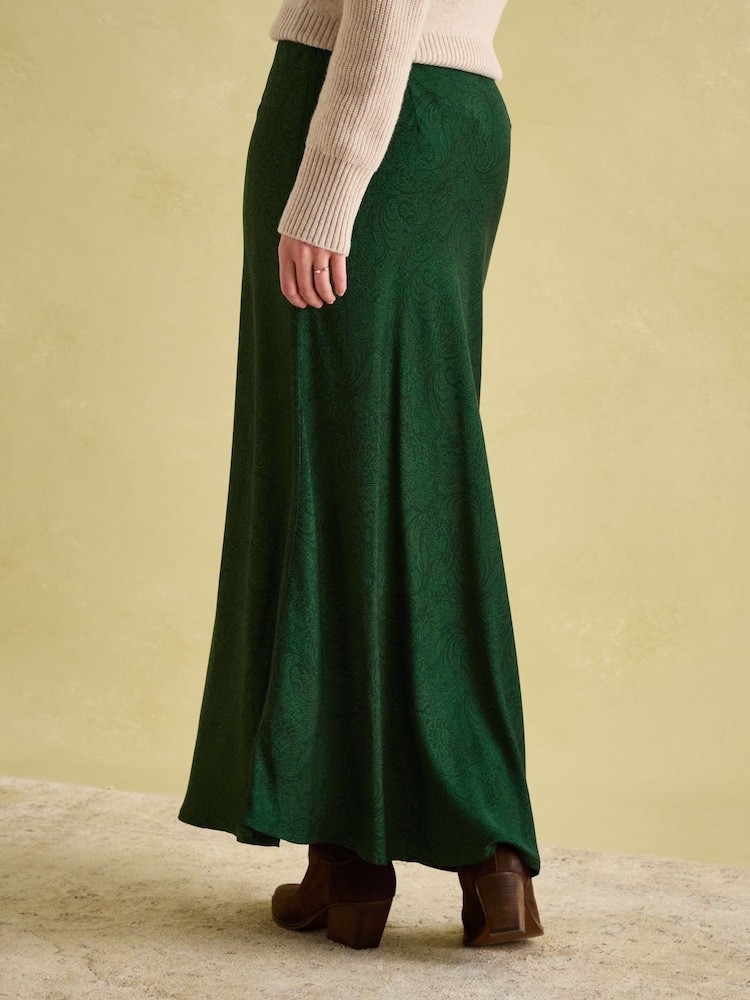 Joules Penelope Green Paisley Satin Midi Skirt - Image 2 of 6 Joules Penelope Green Paisley Satin Midi Skirt - Image 2 of 6