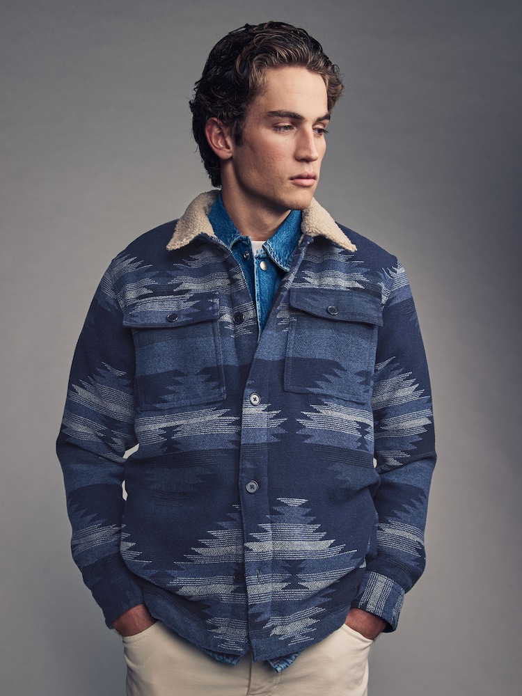 Navy Blue Borg Lined Pattern Shacket - Image 1 of 10