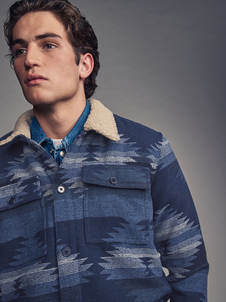 Bleu marine - Borg Lined Pattern Shacket - Image 4 of 10