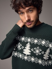 Dark Green Fairisle Pattern Crew Neck Regular Fit Christmas Jumper - Image 1 of 9