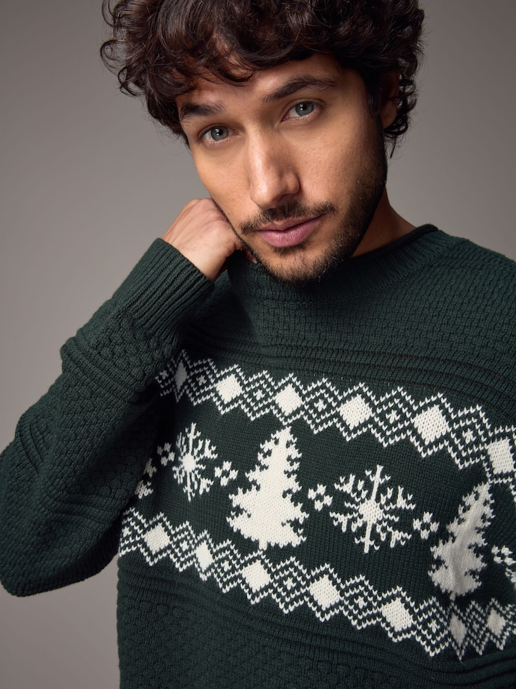 Dark Green Fairisle Pattern Crew Neck Regular Fit Christmas Jumper - Image 1 of 9
