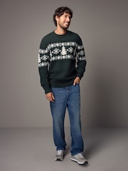 Dark Green Fairisle Pattern Crew Neck Regular Fit Christmas Jumper - Image 2 of 9