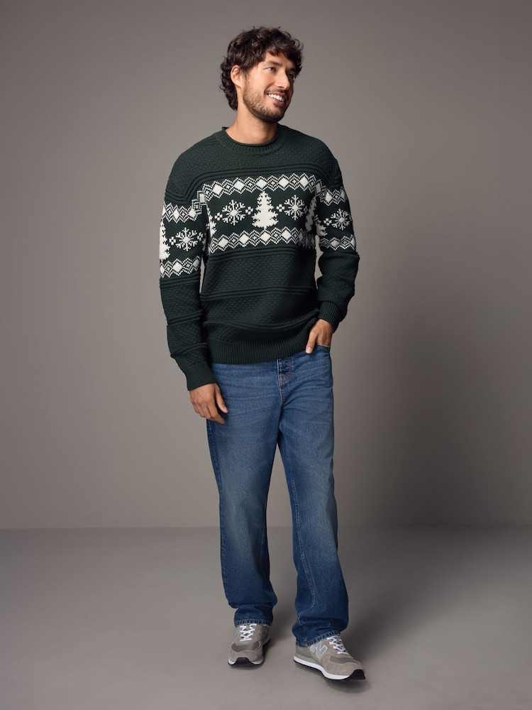 Dark Green Fairisle Pattern Crew Neck Regular Fit Christmas Jumper - Image 2 of 9