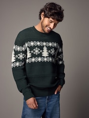 Dark Green Fairisle Pattern Crew Neck Regular Fit Christmas Jumper - Image 3 of 9