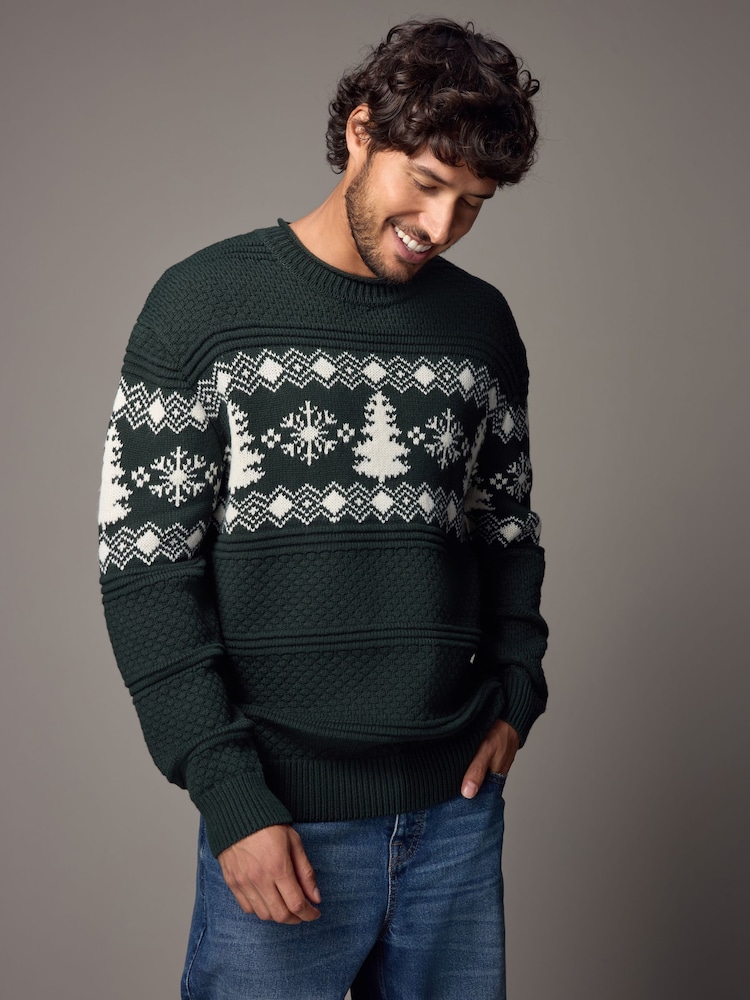 Dark Green Fairisle Pattern Crew Neck Regular Fit Christmas Jumper - Image 3 of 9