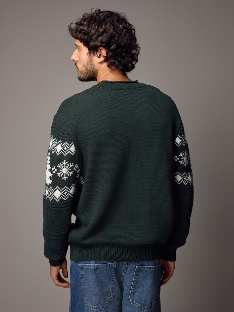 Dark Green Fairisle Pattern Crew Neck Regular Fit Christmas Jumper - Image 4 of 9