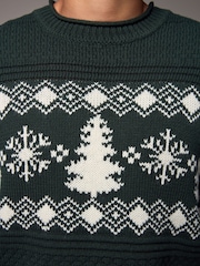 Dark Green Fairisle Pattern Crew Neck Regular Fit Christmas Jumper - Image 5 of 9