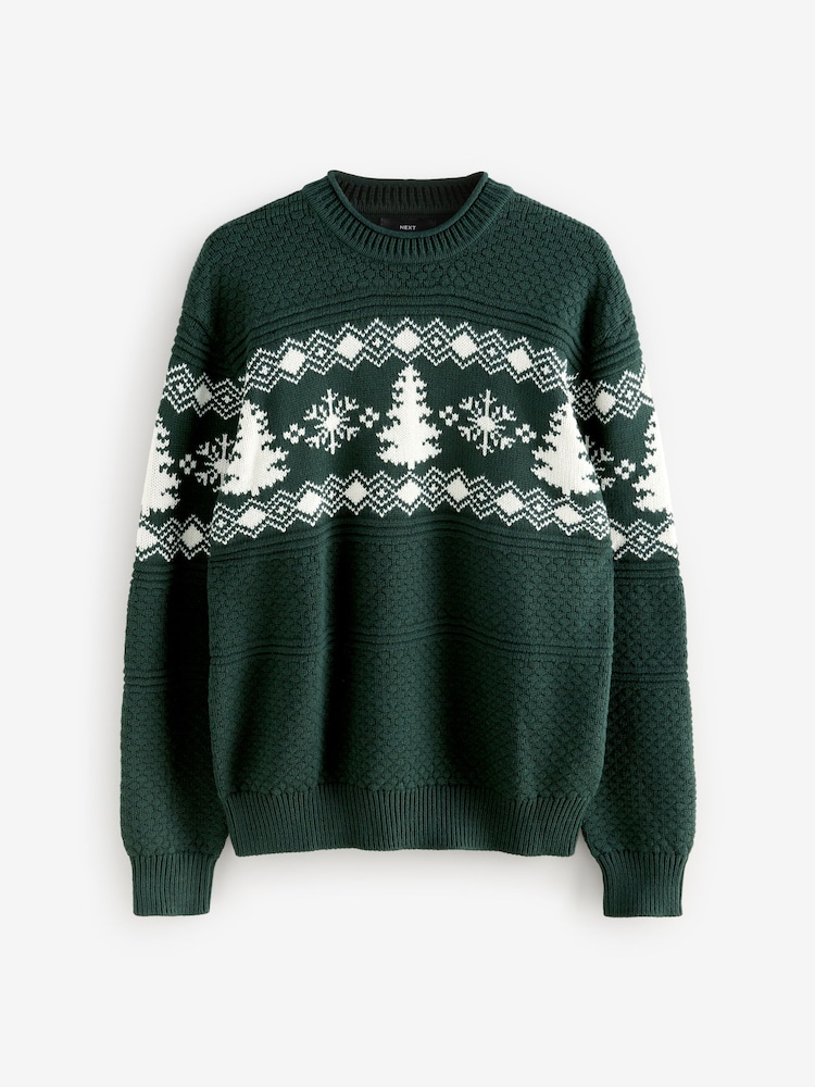 Dark Green Fairisle Pattern Crew Neck Regular Fit Christmas Jumper - Image 7 of 9