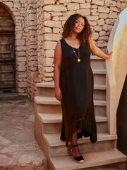 Live Unlimited Black Curve Ladder Trim Hanky Hem Midi Dress - Image 2 of 6