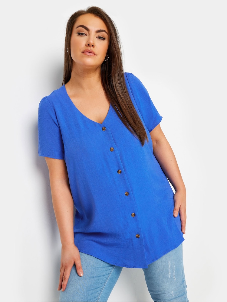 Yours Curve Blue Button Front Blouse - Image 1 of 5