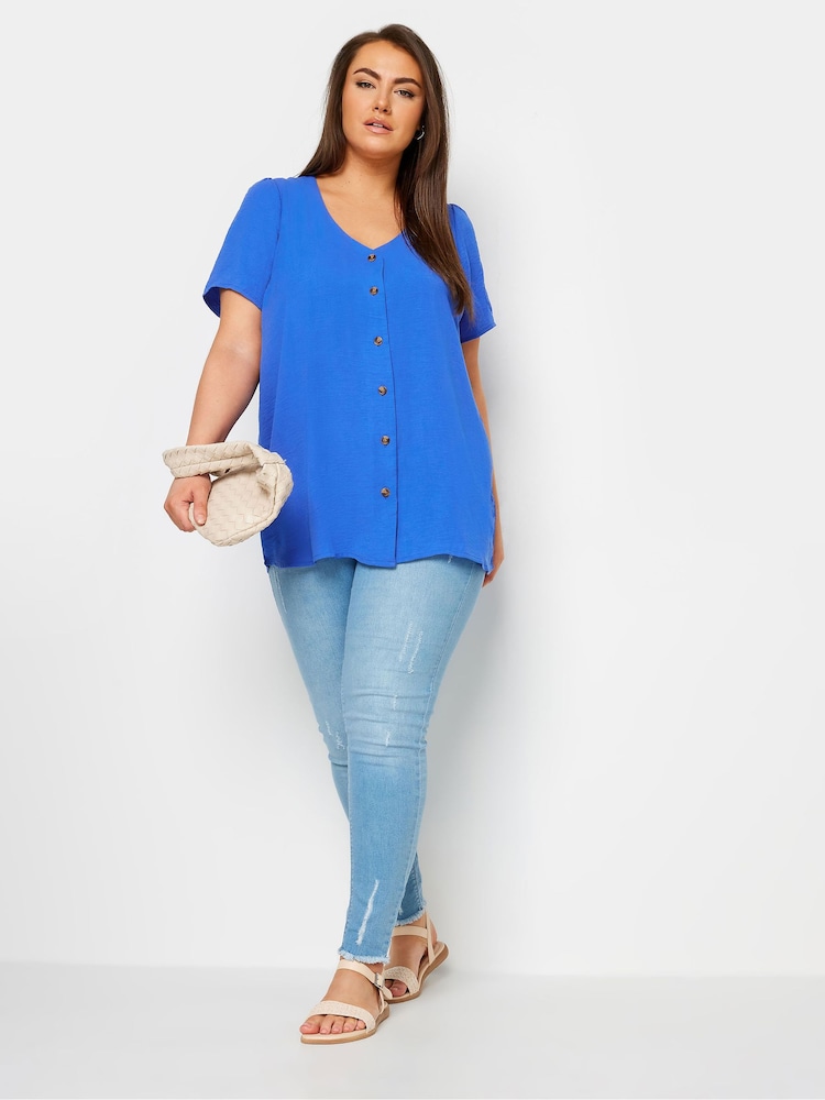 Yours Curve Blue Button Front Blouse - Image 2 of 5