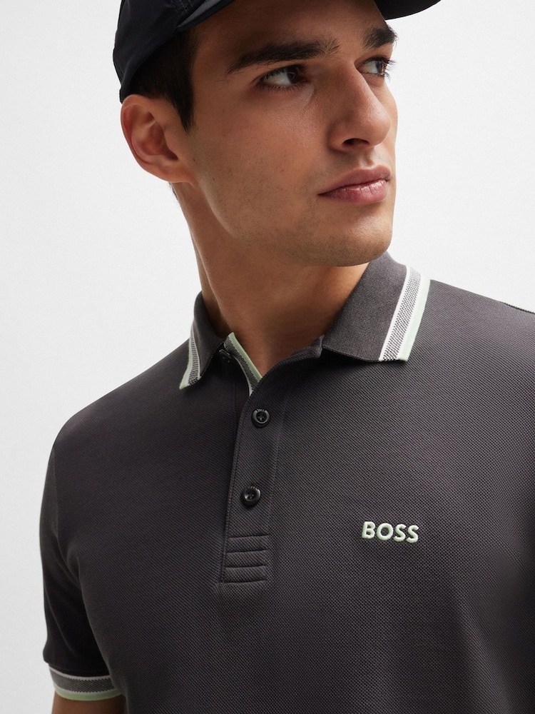 رمادي كروم - BOSS Regular Fit Paddy Tipped Collar 100% Cotton Polo Shirt - صورة 1 من 5