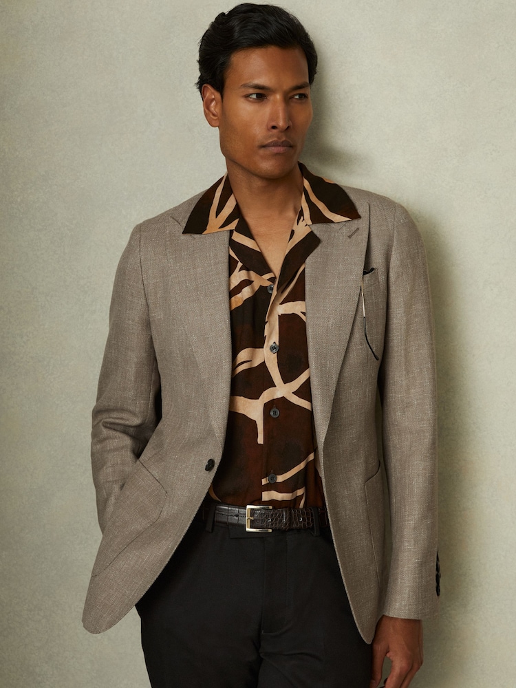 Reiss Mid Brown Clutch Wool Blend Textured Slub Single Breasted Blazer - Image 1 of 6