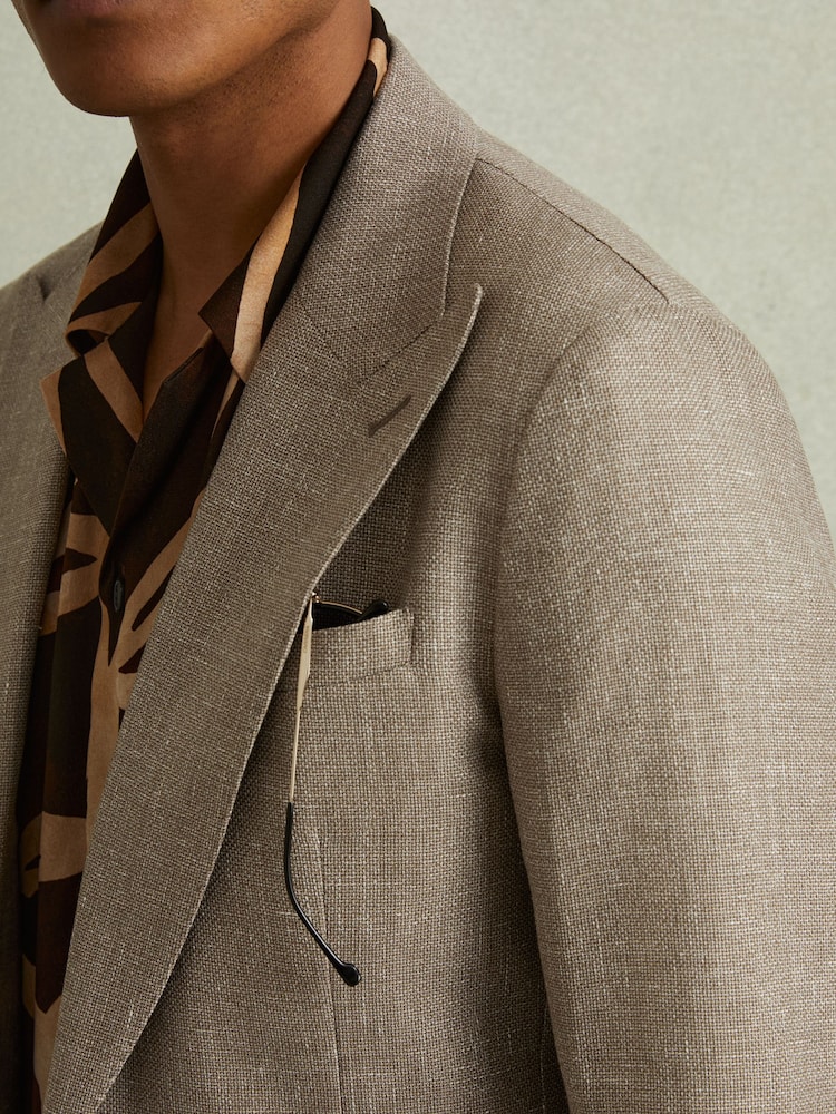 Reiss Mid Brown Clutch Wool Blend Textured Slub Single Breasted Blazer - Image 3 of 6