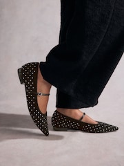 Black Tabitha Simmons Hai Studded Point Toe Mary Jane Leather Shoes - Image 2 of 11