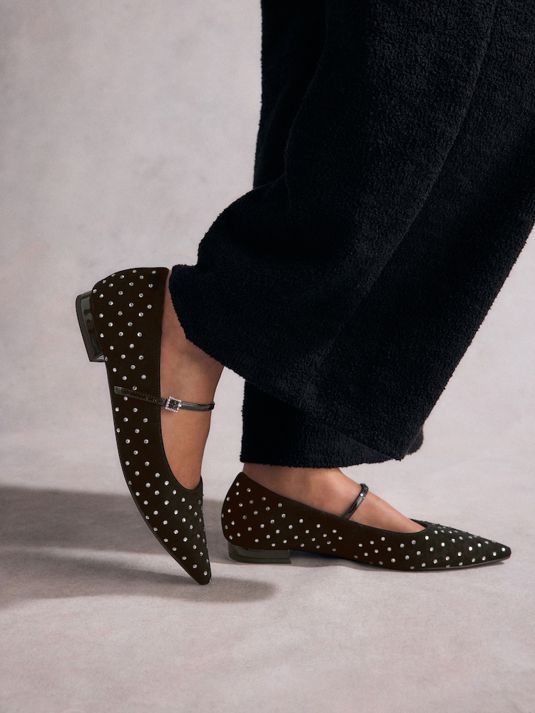 Black Tabitha Simmons Hai Studded Point Toe Mary Jane Leather Shoes - Image 2 of 11