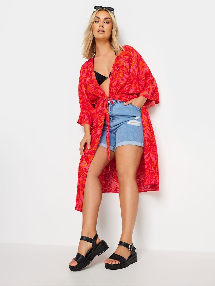 Yours Curve Pink Limited Collection Leaf Print Midi Kimono - Image 1 of 5