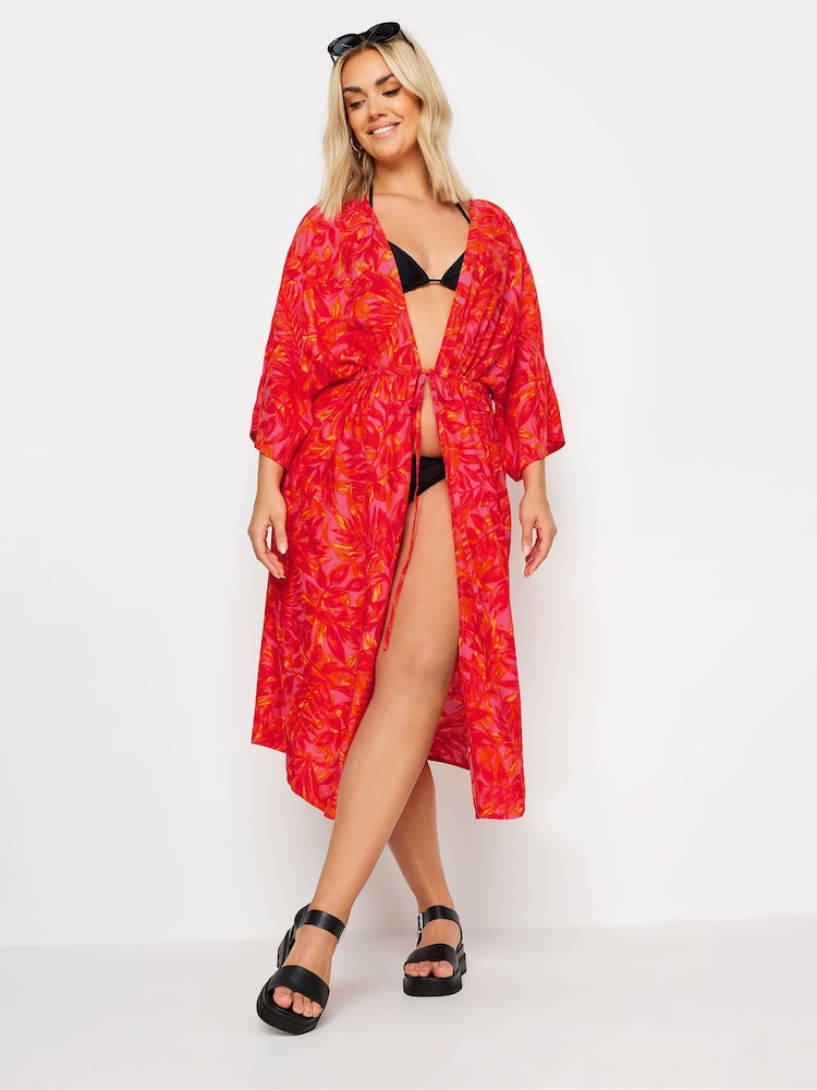 Yours Curve Pink Limited Collection Leaf Print Midi Kimono - Image 2 of 5