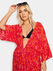 Yours Curve Pink Limited Collection Leaf Print Midi Kimono - Image 4 of 5