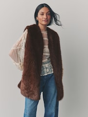 Chocolate Brown Longline Faux Fur Gilet - Image 1 of 9