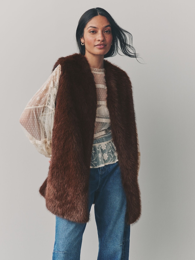 Chocolate Brown Longline Faux Fur Gilet - Image 1 of 9
