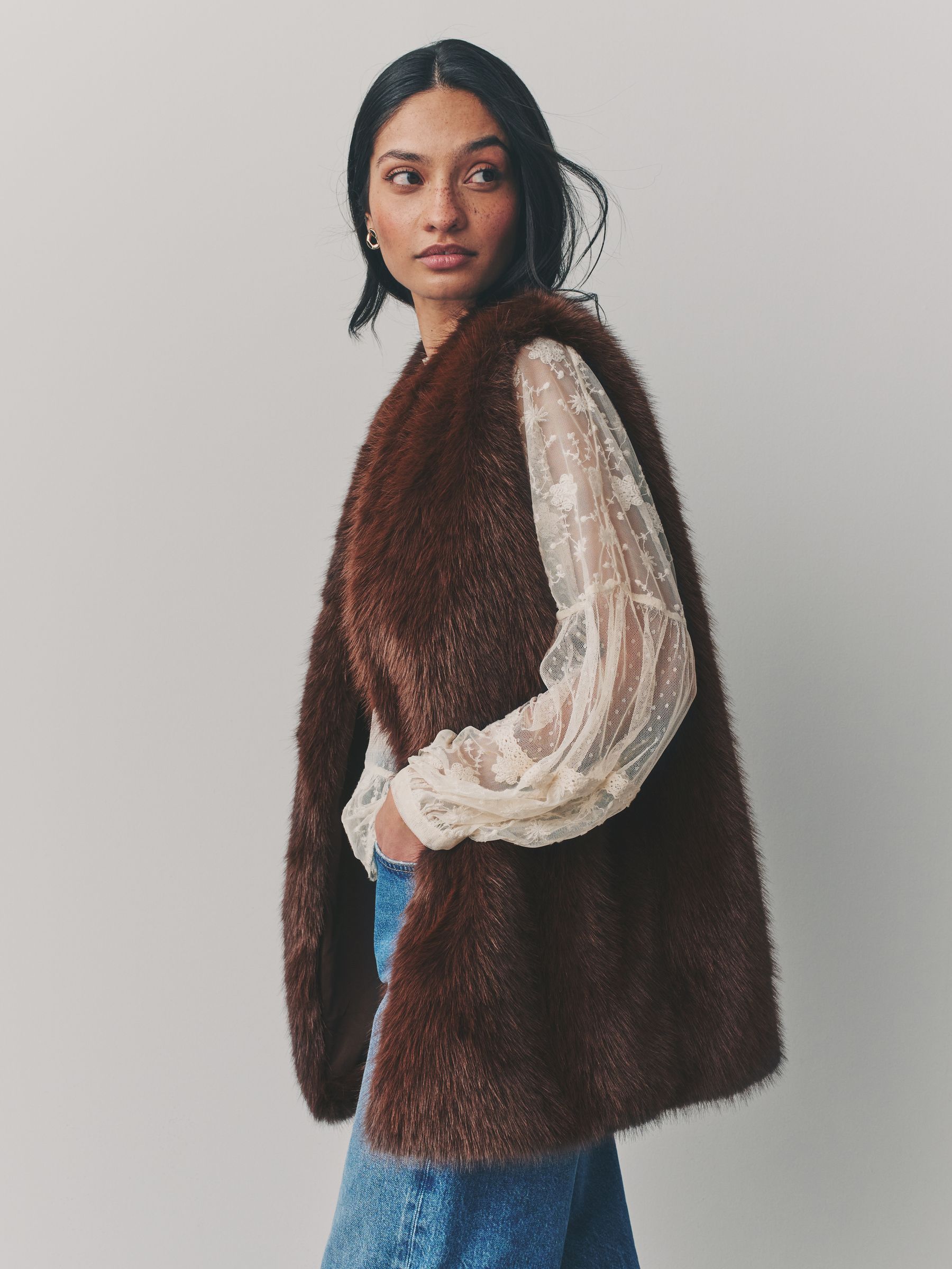 Buy Chocolate Brown Longline Faux Fur Gilet from Next USA