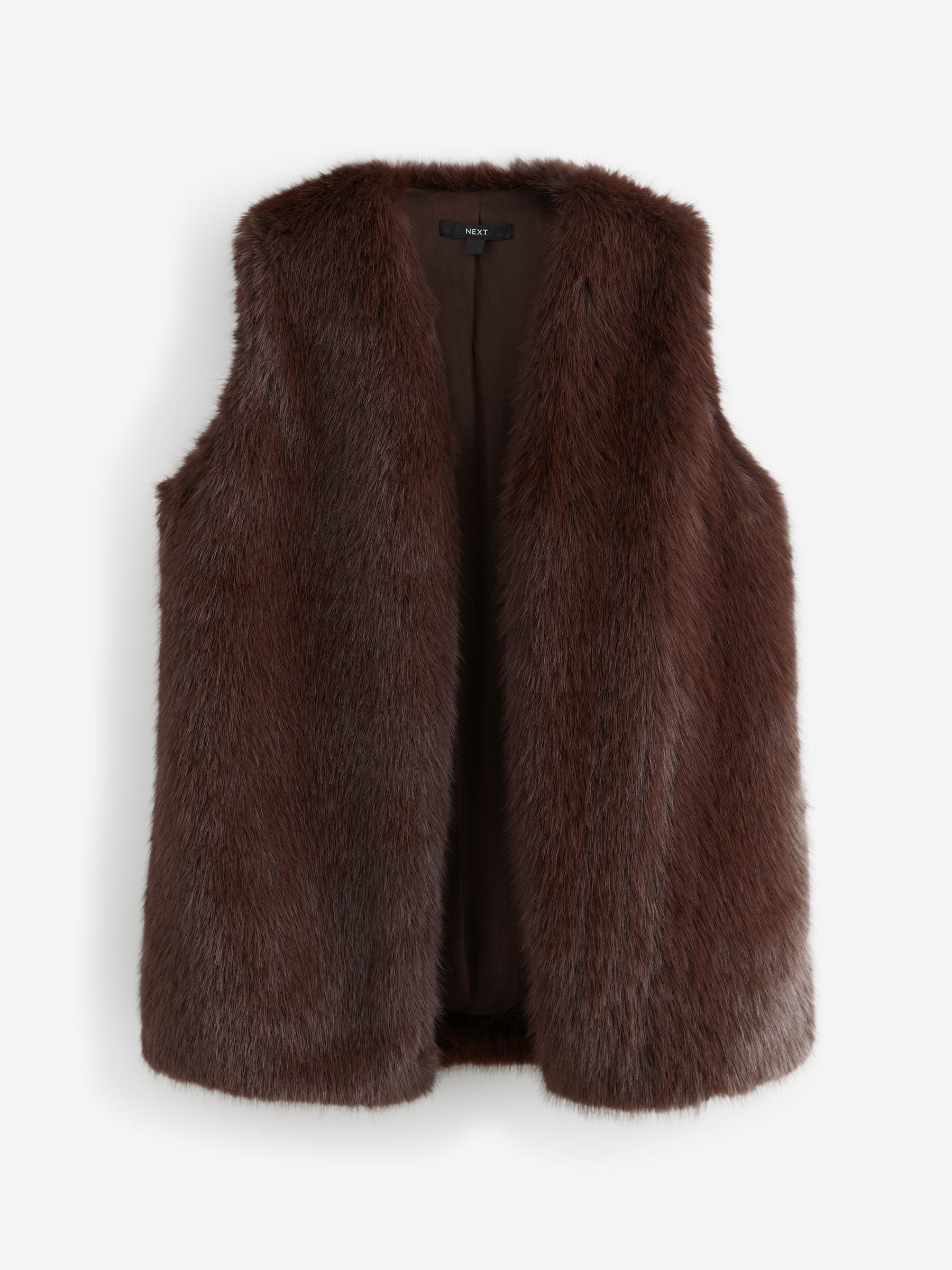 Next：日本 チョコレートブラウン - ロングライン フェイクファー ジレ