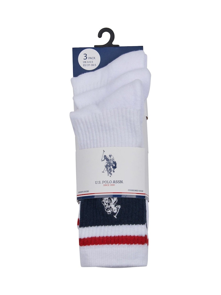 U.S. Polo Assn. White Brand Stripe Sports 100% Cotton Socks 3 Pack - Image 2 of 3