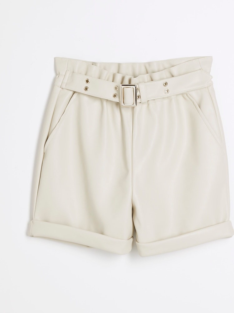 River Island Cream Girls Faux Fur Leather 100% Cotton Shorts - Image 1 of 3