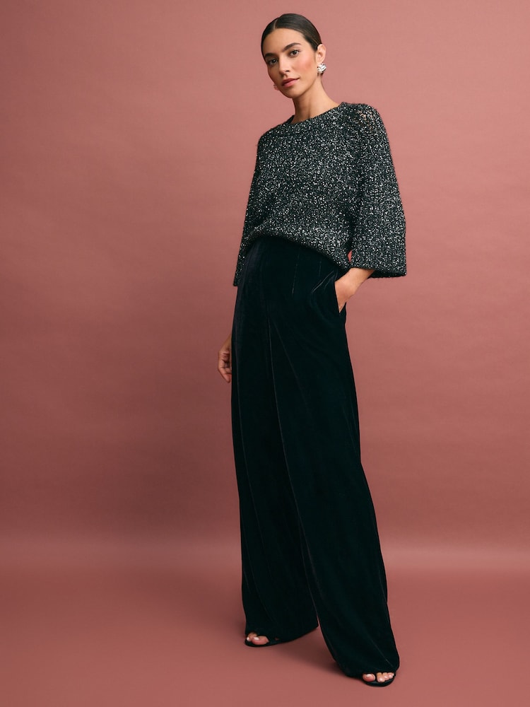 Black Velvet Wide Leg Trousers - Image 2 of 7
