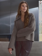 Neutral Brown Mole Premium 100% Wool Chunky Ribbed Knitted Open Collar Jumper - Image 1 of 7