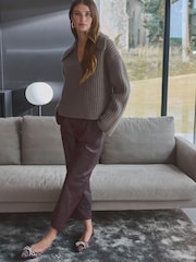 Neutral Brown Mole Premium 100% Wool Chunky Ribbed Knitted Open Collar Jumper - Image 2 of 7