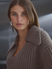 Neutral Brown Mole Premium 100% Wool Chunky Ribbed Knitted Open Collar Jumper - Image 3 of 7