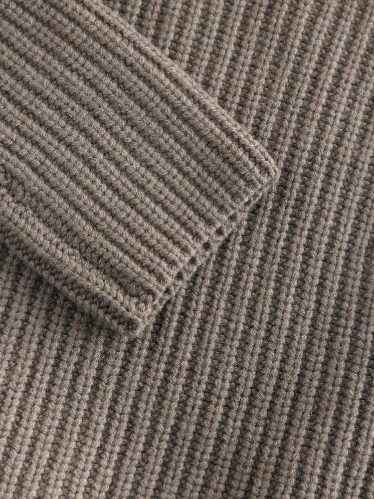 Neutral Brown Mole Premium 100% Wool Chunky Ribbed Knitted Open Collar Jumper - Image 7 of 7