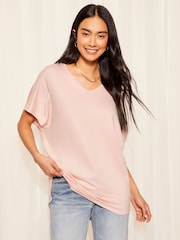 Friends Like These Pink Petite Short Sleeve V Neck Tunic Top - Image 1 of 4