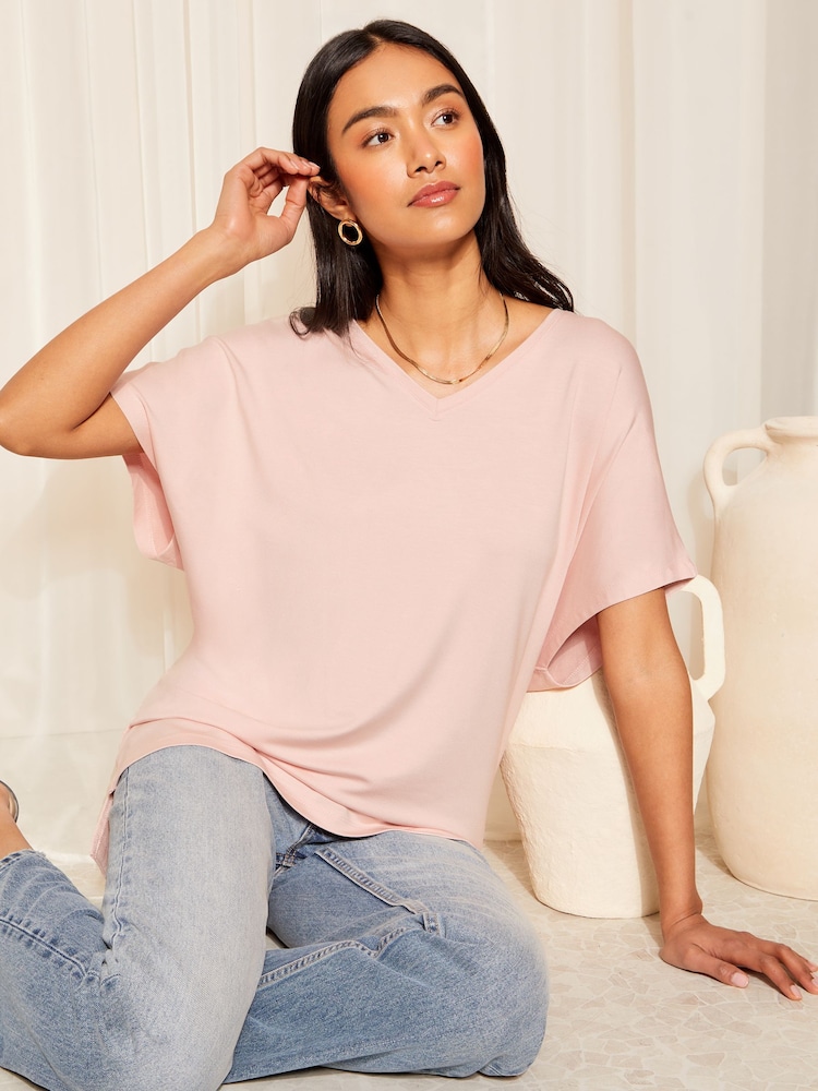 Friends Like These Pink Petite Short Sleeve V Neck Tunic Top - Image 2 of 4