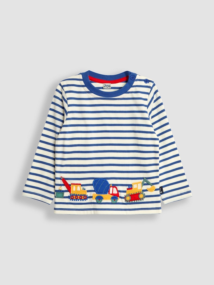 JoJo Maman Bébé Ecru Blue Stripe Construction Appliqué Border Top - Image 1 of 3