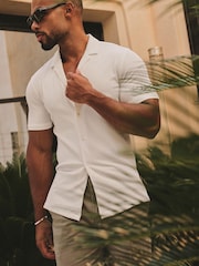 Tailored Athlete White Muscle Fit Linear Textured Cuban Collar Shirt - Image 1 of 6